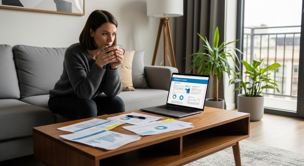 Une femme assise dans son salon moderne, ordinateur portable ouvert devant elle, suit un module de finance en ligne, concentrée, avec un mug à la main et des documents étalés sur la table basse.