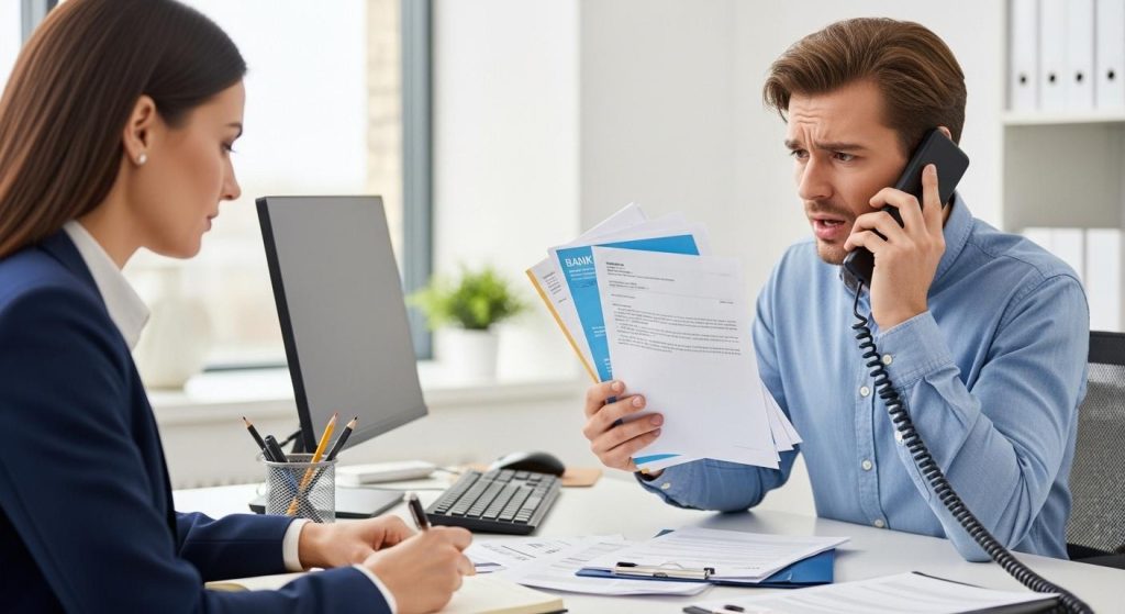 Une personne au téléphone, l’air inquiet, tient une lettre et des documents bancaires, tandis qu’un conseiller bancaire prend des notes dans un bureau lumineux, illustrant une situation d’urgence pour bloquer un virement.