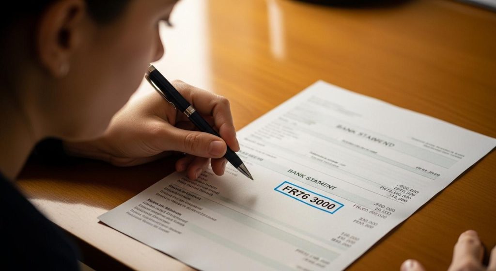 Une personne observe attentivement un relevé d'identité bancaire posé sur une table, un stylo à la main, avec le code FR76 3000 mis en évidence sur le document.