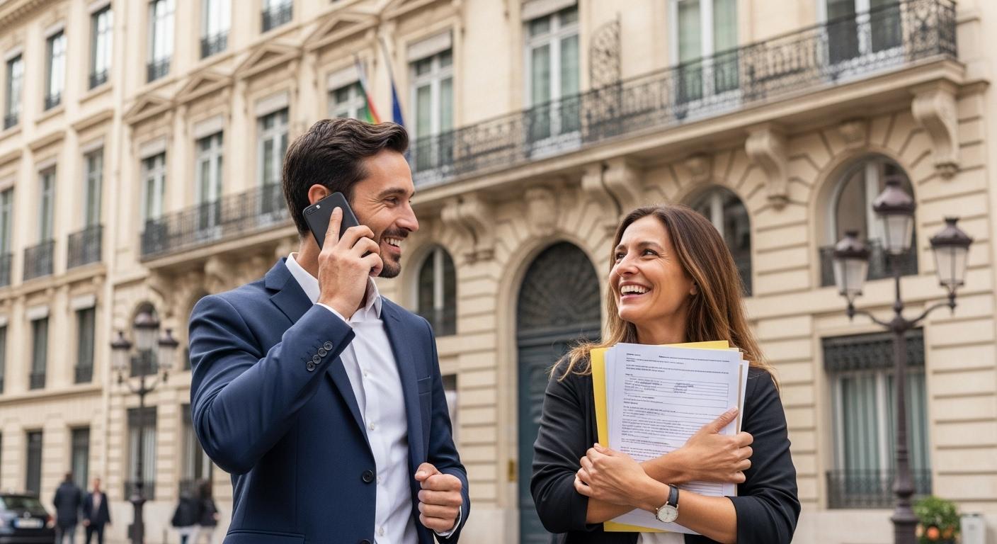 Un négociateur immobilier souriant, téléphone à la main, devant un immeuble haussmannien à Lyon, célébrant la signature d’une vente avec une cliente heureuse serrant une liasse de papiers.