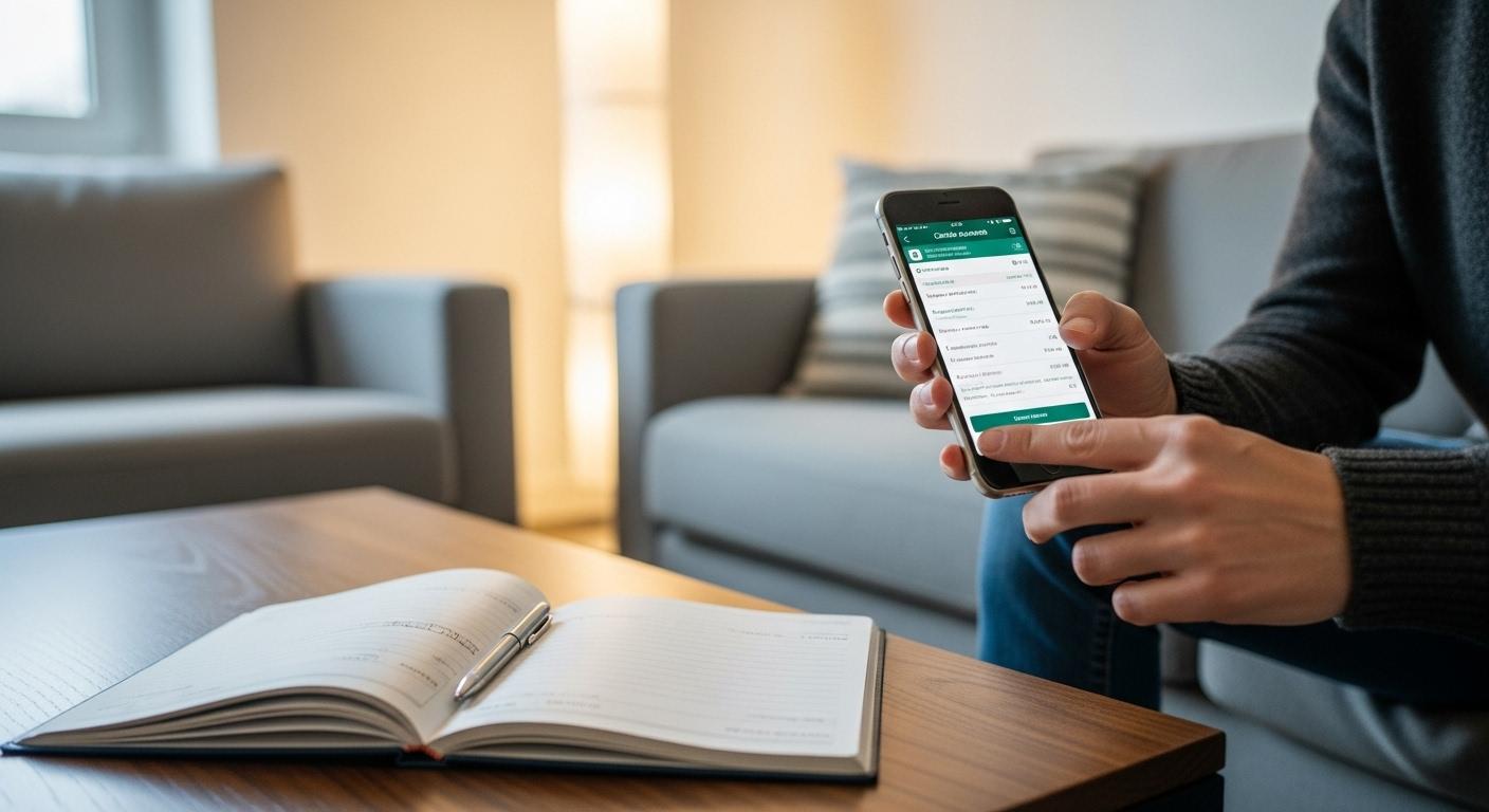 Une personne assise sur son canapé, smartphone en main, naviguant sur l’application bancaire Crédit Agricole avec un carnet de chèques vide posé sur la table basse, symbolisant la simplicité et la modernité de la gestion bancaire à domicile.